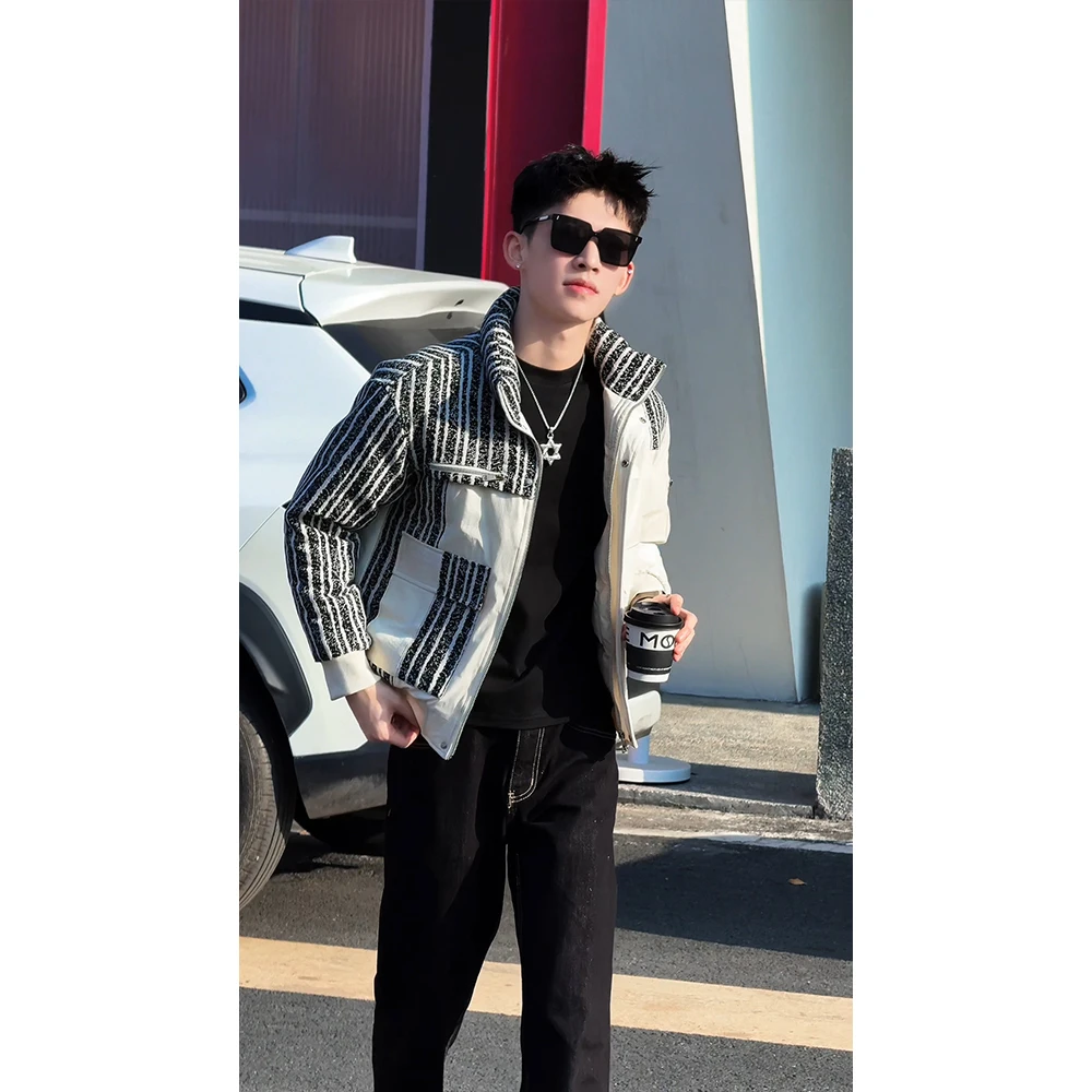 爆款拼接条纹棉服男冬季潮流保暖工装立领袄子高级感休闲棉衣外套