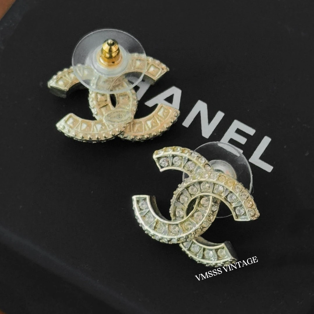 99新 Chanel/香奈儿 金色满钻经典双c logo耳钉/50336 经典 时尚