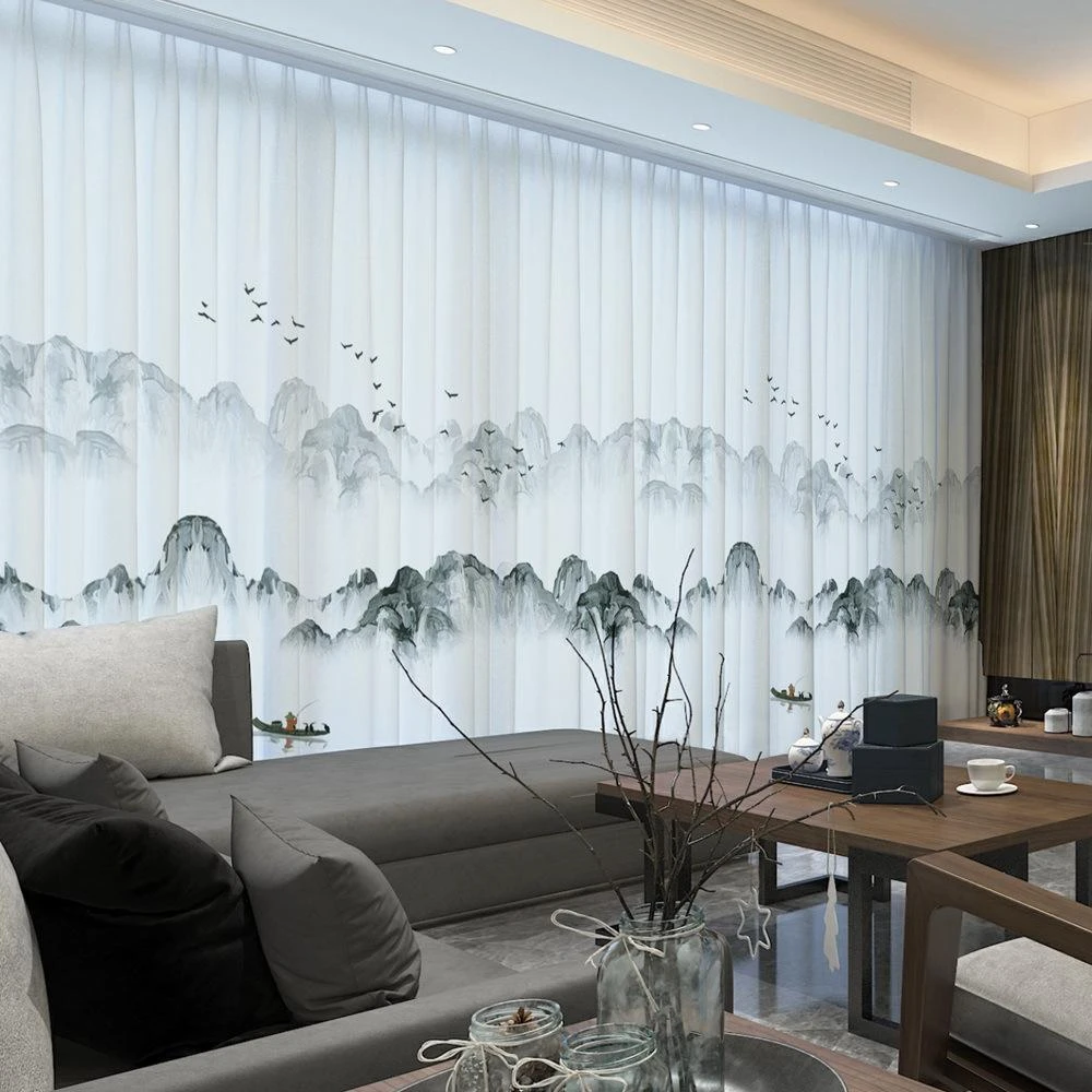 新中式水墨山水画百搭雪纺印花窗纱客厅卧室书房透光不透人纱帘