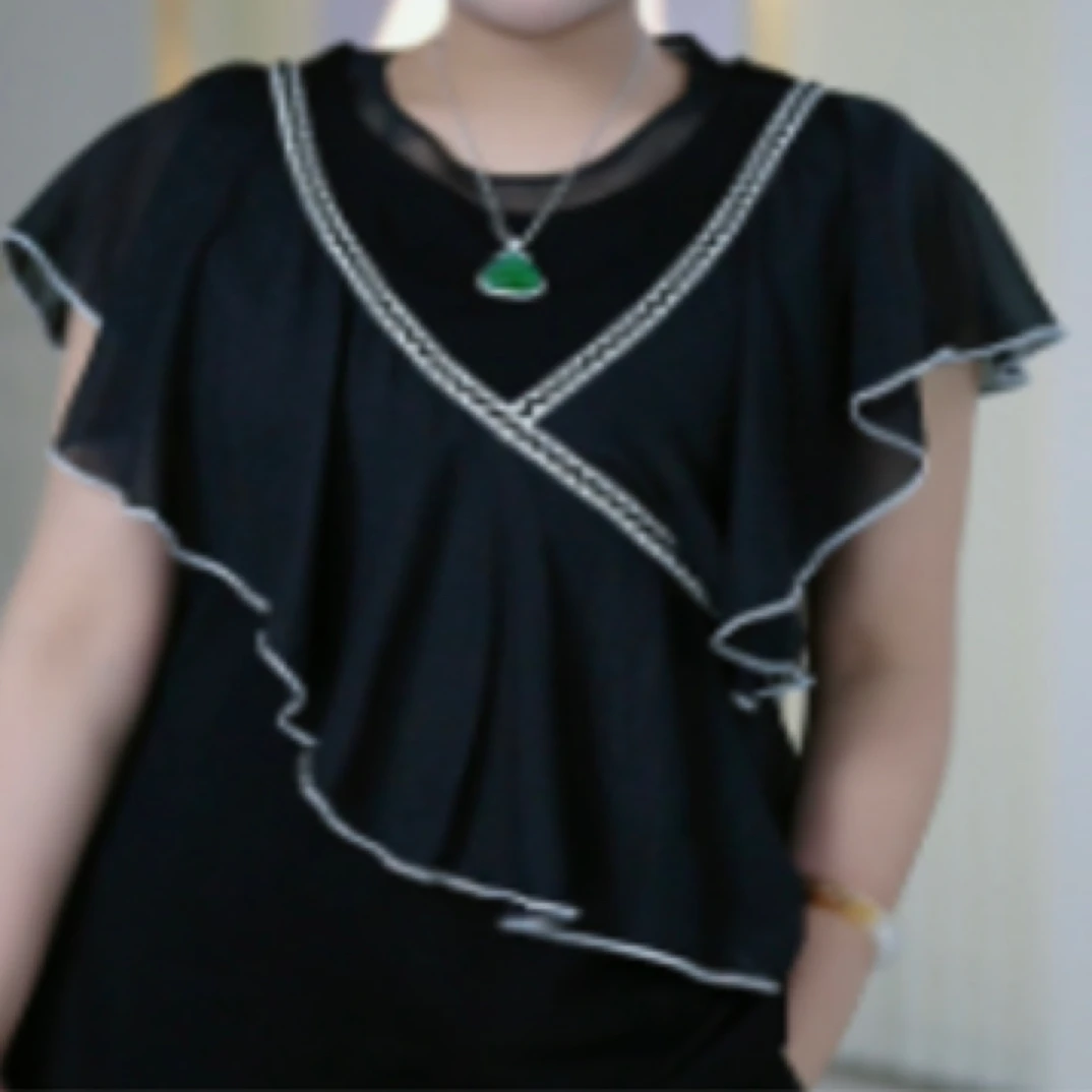 30020（30）不规则荷叶边拼接时尚显瘦短袖雪纺衫女夏季新款