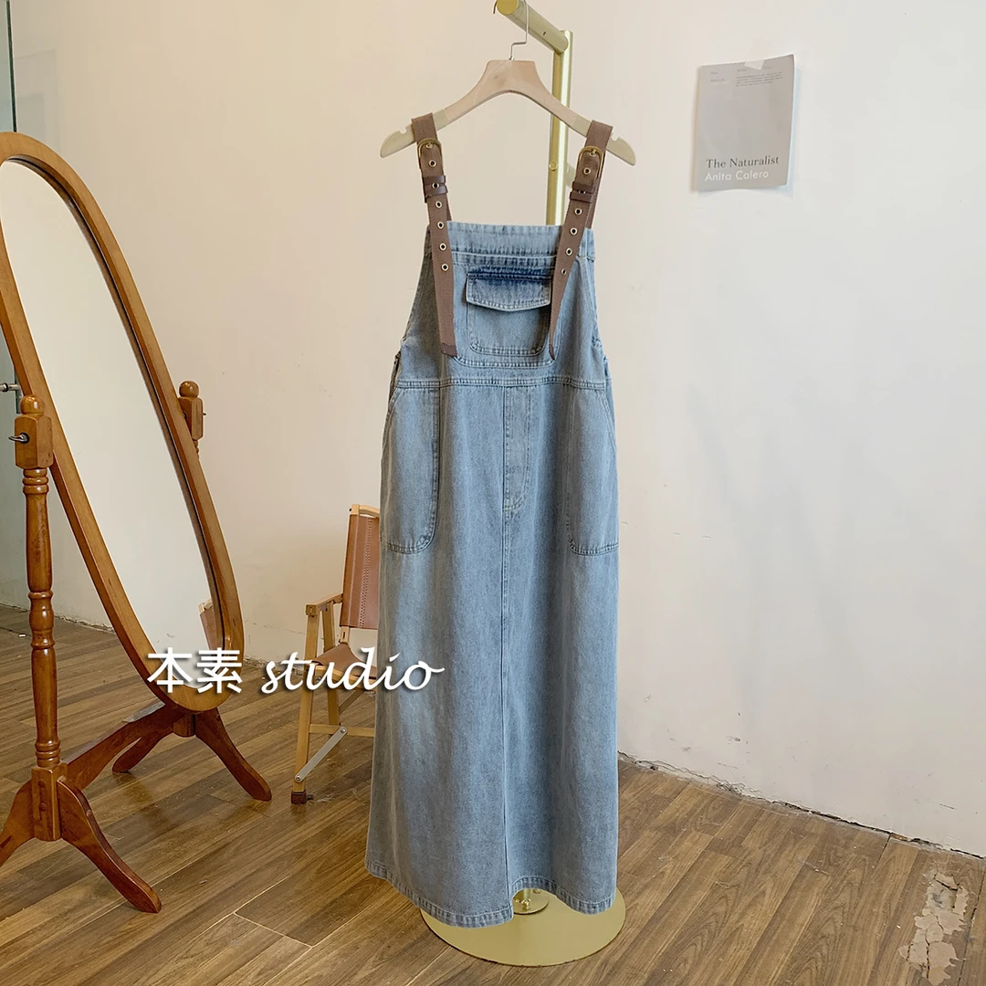 编织带C0814可调节大口袋宽松牛仔背带裙