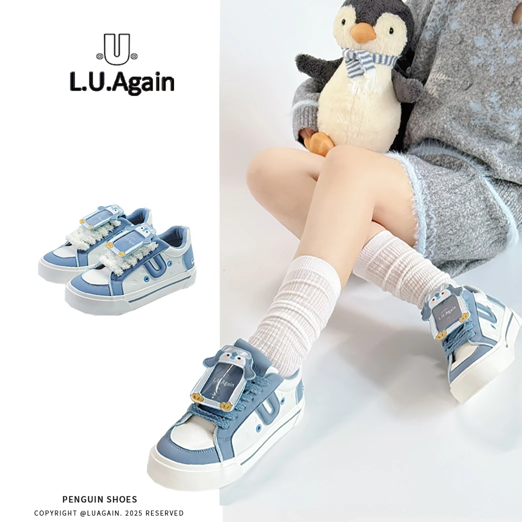 L.U.Again 企鹅鞋冬季新款女鞋复古板鞋2025灰蓝色休闲运动鞋
