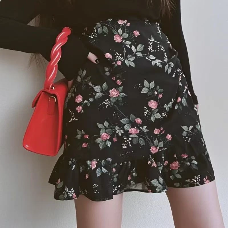 【现货+运险】法式复古碎花荷叶边半身裙a字裙大码胖MM后妈裙