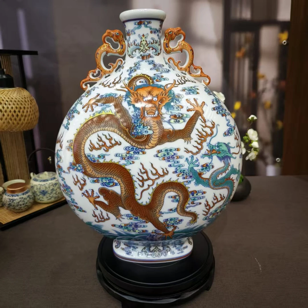 【百善瓷业】斗彩苍龙教子抱月瓶-YSQ