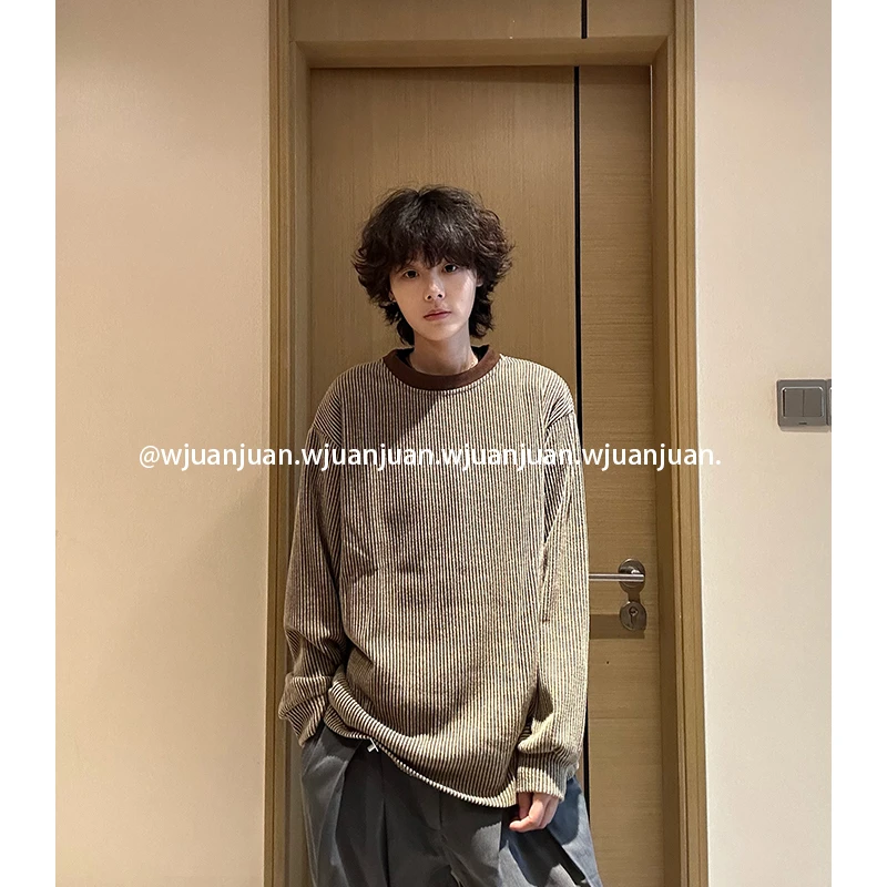 『WJUANJUAN』老钱风早秋拼接撞色慵懒男女宽松中性长袖针织T恤衫