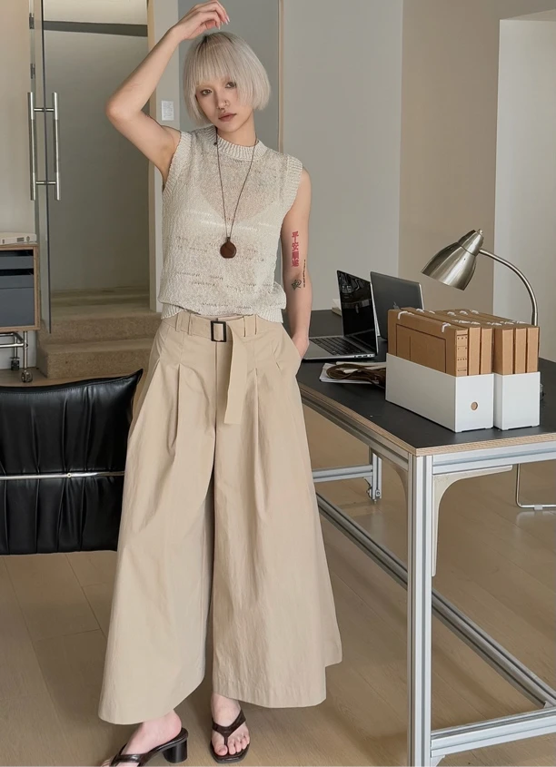 【 Maison Meet 】设计师款休闲时尚腰带两色阔腿裙裤V2189