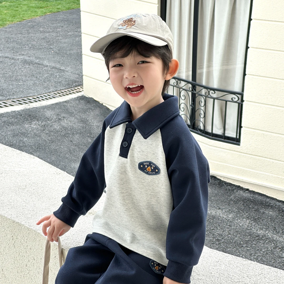 男童翻领卫衣2025秋季新款中大童拼色polo衫儿童长袖T恤衫2909