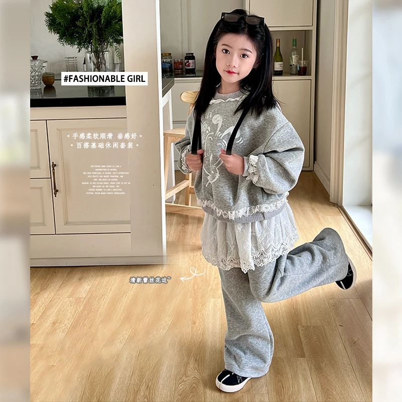 mini旦童装女童休闲套装春秋款2025新款中大童韩系卫衣卫裤两件套