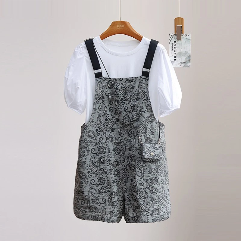 设计感腰果花背带裤套装女夏季韩版宽松休闲小个子复古休闲两件套