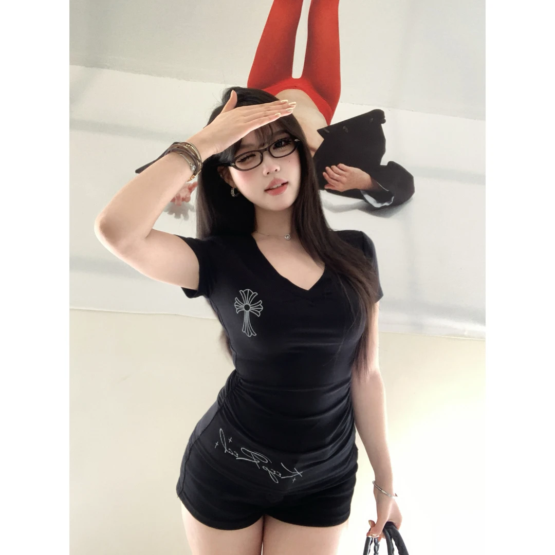 现货/萌面侠辣姣【粉红十字架】美式辣妹印花T恤修身显瘦短袖 4715M