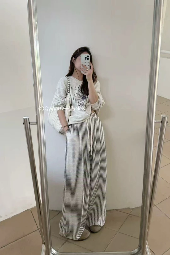 517 番外2025新款慵懒风条纹抽绳阔腿裤松紧腰女