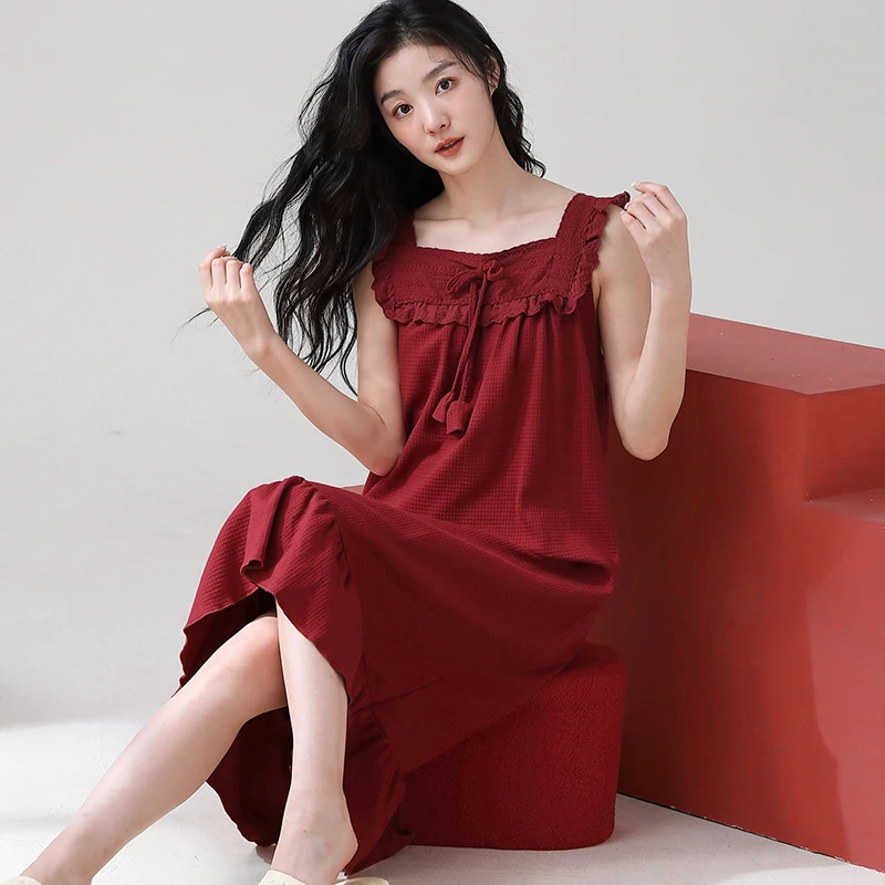 吊带睡裙女夏季纯棉短袖薄款酒红色喜庆本命年甜美公主风全棉睡衣