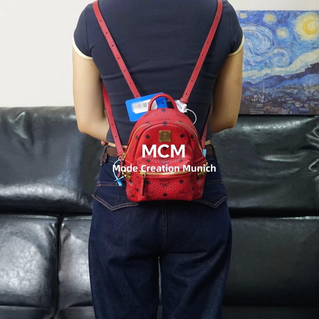 95新 MCM 红色双肩书包/YW06508598/8598