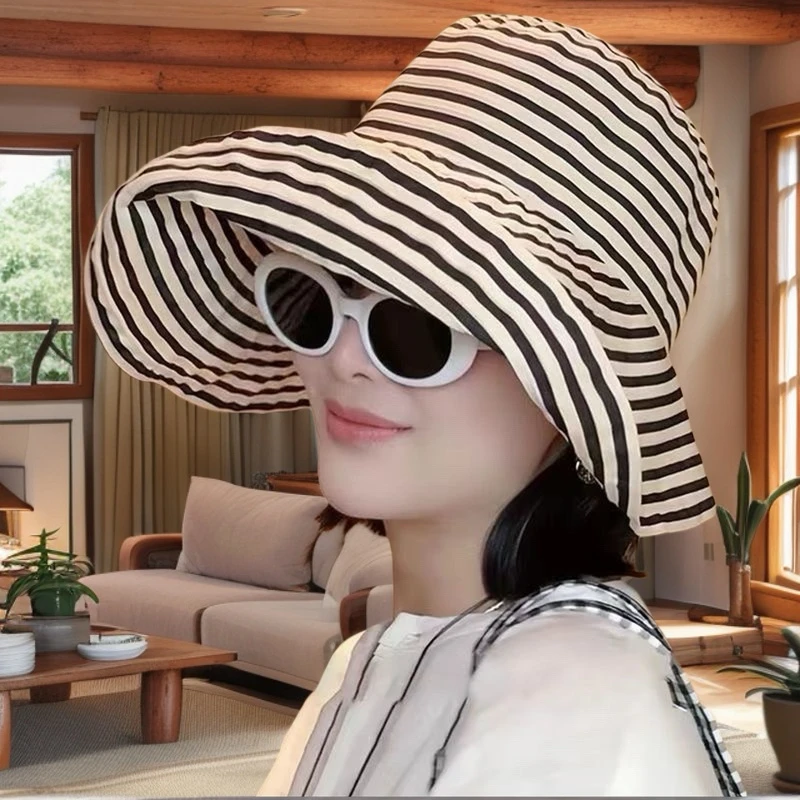 日系可折叠夏季条纹渔夫帽女新款长防晒帽子时尚盆帽大头围太阳帽