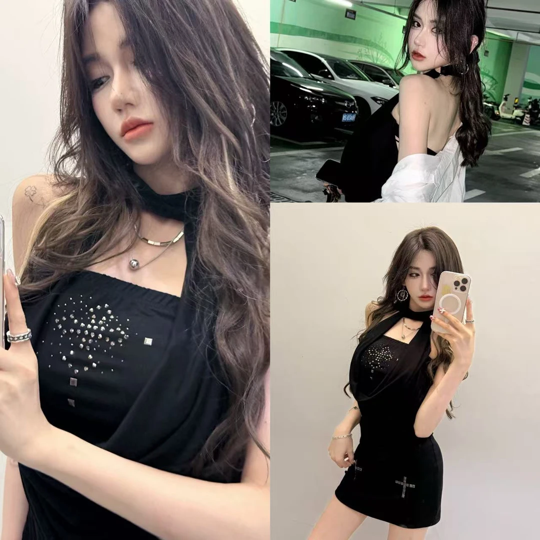 性感荡领挂脖连衣裙修身显瘦包臀短裙子