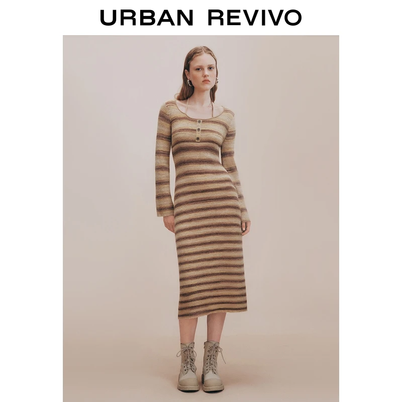 UR2026春季新款女休闲条纹收腰针织连衣裙UYL950131+