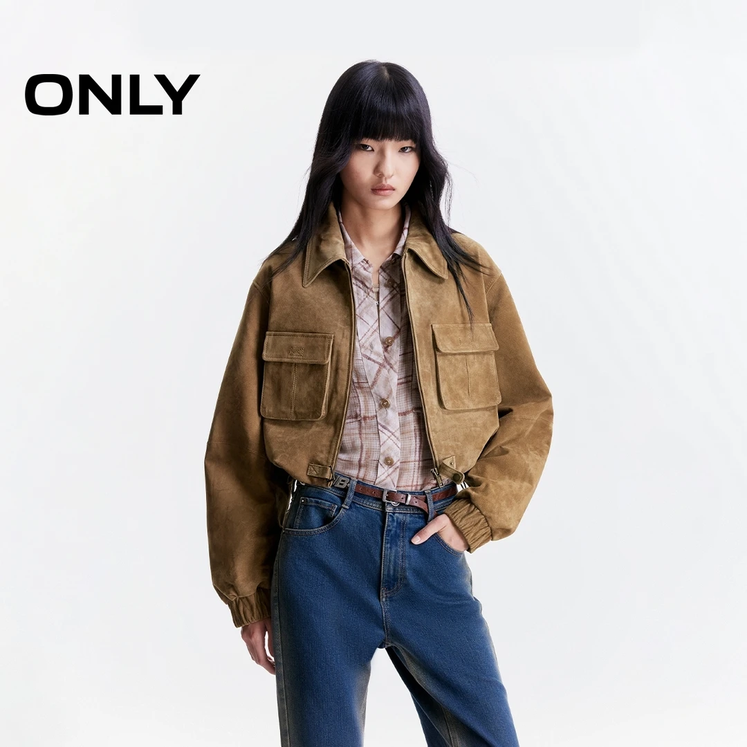 【琥珀流光】ONLY2025秋酷感下摆抽绳正肩口袋短款皮衣女|125310001