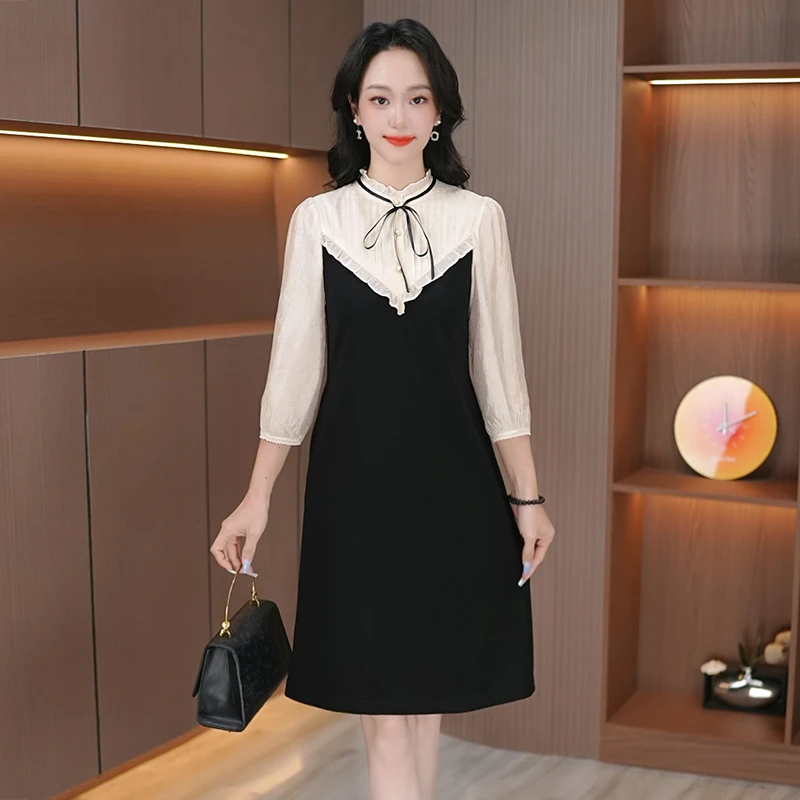 2新款连衣裙拼色气质裙显瘦裙子减龄九分袖拼接中长裙