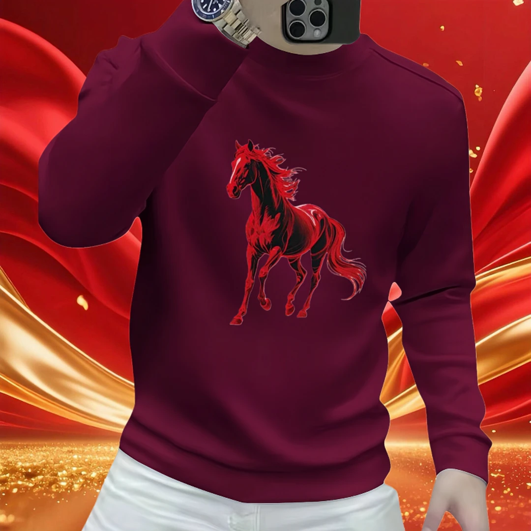 2026马年爆款骏马印花华棉卫衣男士本命年红色高级感长䄂体恤上衣