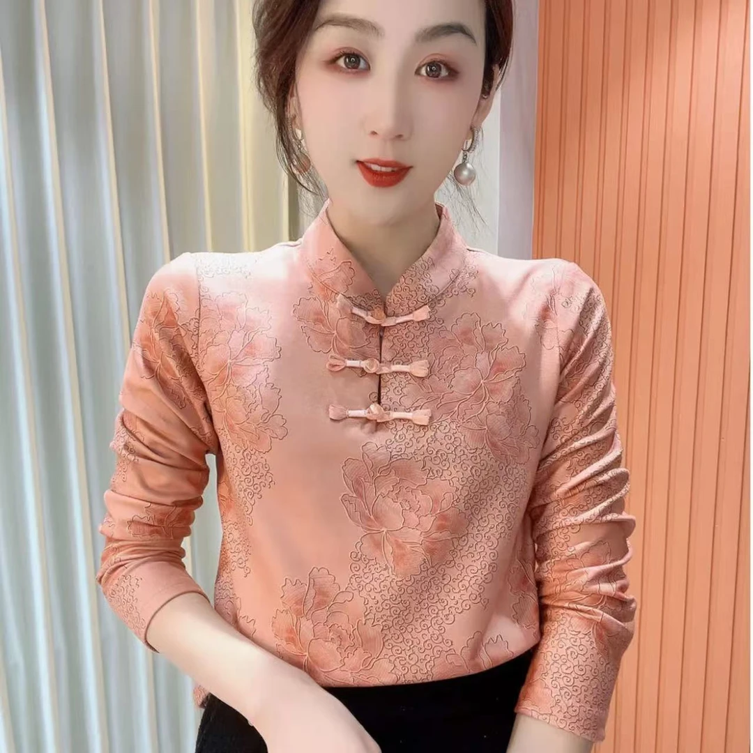 2025冬季新款立领印花气质百搭时尚长袖减龄加绒打底衫上衣女593