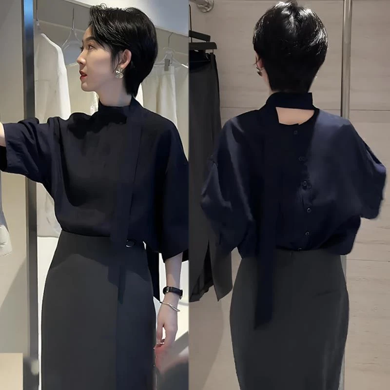 MAD高级感独特领口正反两穿气质短袖衬衫2025夏季宽松设计感上衣