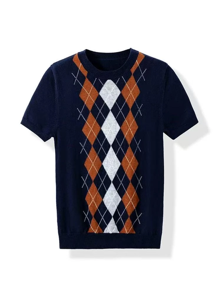 【缪家】女毛针织衫女士菱格短袖上衣菱格提花格纹 0045