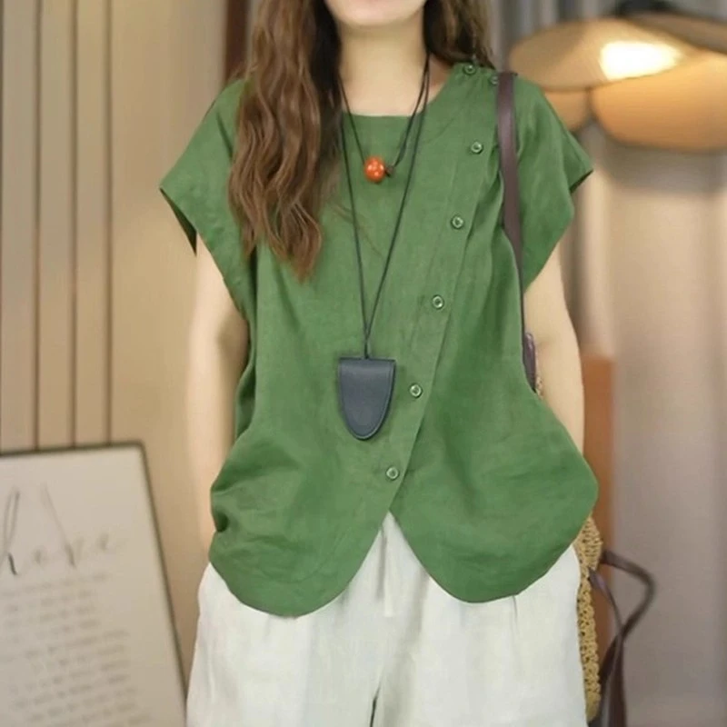 休闲斜襟不规则短袖衬衫女夏季薄款胖MM大码女装显瘦气质宽松衬衣