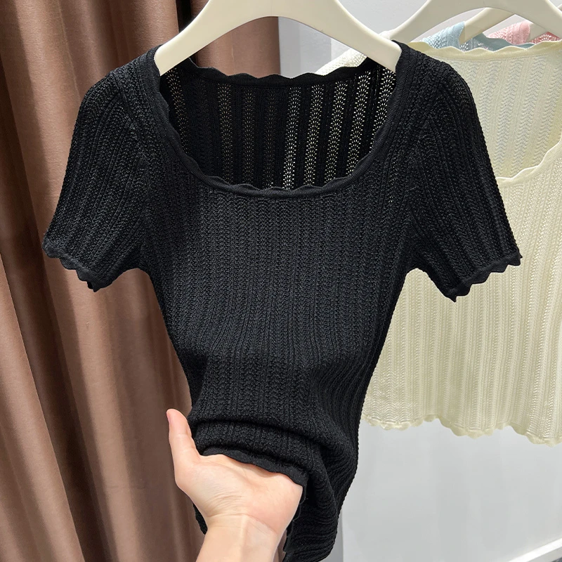 花边方领黑色纯欲风内搭女款秋季新款高档气质打底衫短袖T恤上衣