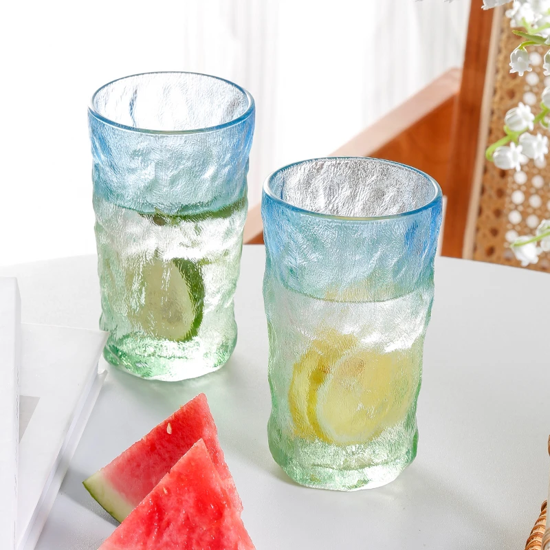 蓝色冰川纹冰川玻璃杯ins透明高颜值饮料杯水杯家用冷水杯简约