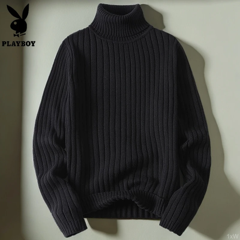 花花公子年潮流新款打底衫黑色冬季高领毛衣男针织衫男士加绒