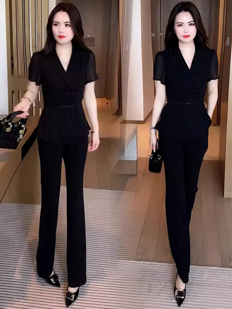 时尚雪纺套装女2025夏季新款洋气质显瘦V领盘扣上衣阔腿裤两件套