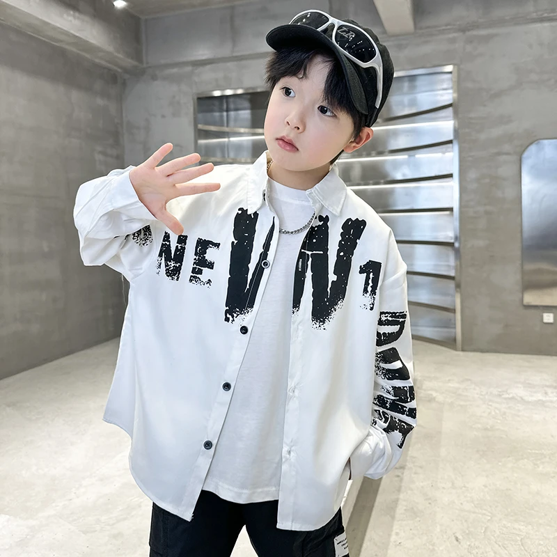男童白色纯棉衬衣外套薄款春季中大童帅气韩版衬衫儿童上衣男孩潮