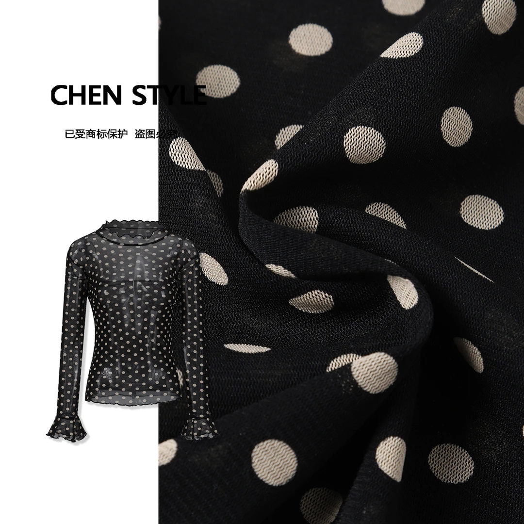 楚楚君【纯欲波点】夏季立领性感显气质波点长袖T恤Y37108