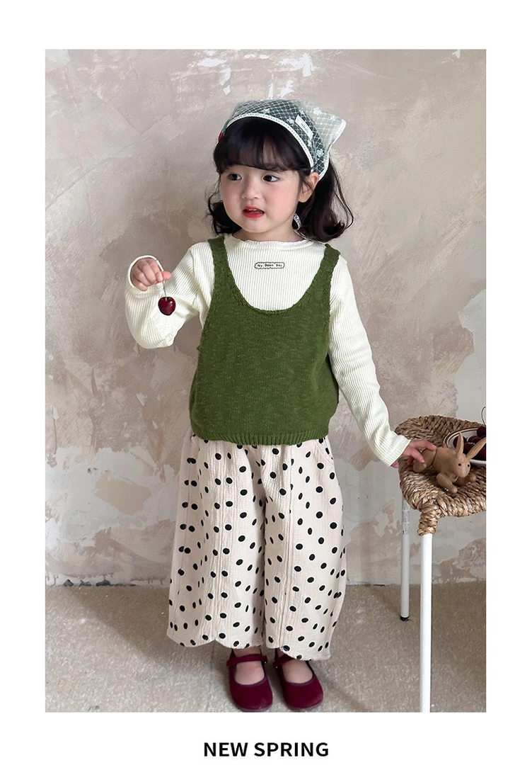拉萨发货 2025秋装洋气女童儿童ins打底衫百搭甜美波点洋气休闲裤