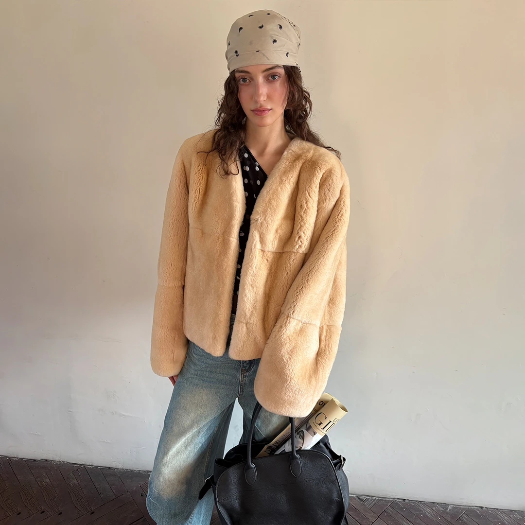 北麋「中古奶兔」整皮进口獭兔毛贵气感霜色皮草外套女短款秋冬大衣