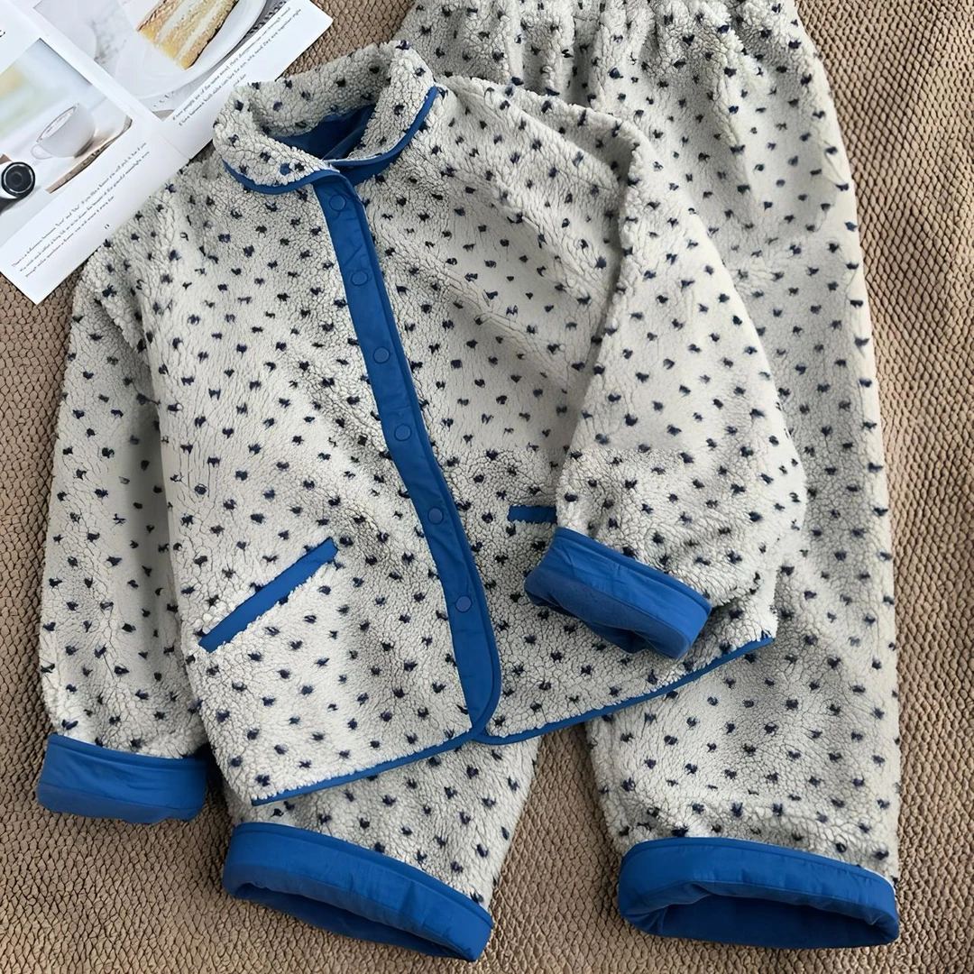 羊羔绒波点睡衣长袖长裤冬季加绒加厚家居服套装印花