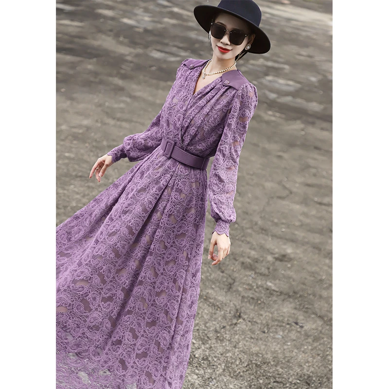 兰瑟儿秋季裙子新款气质优雅收腰系带V领镂空蕾丝连衣裙104QL9102