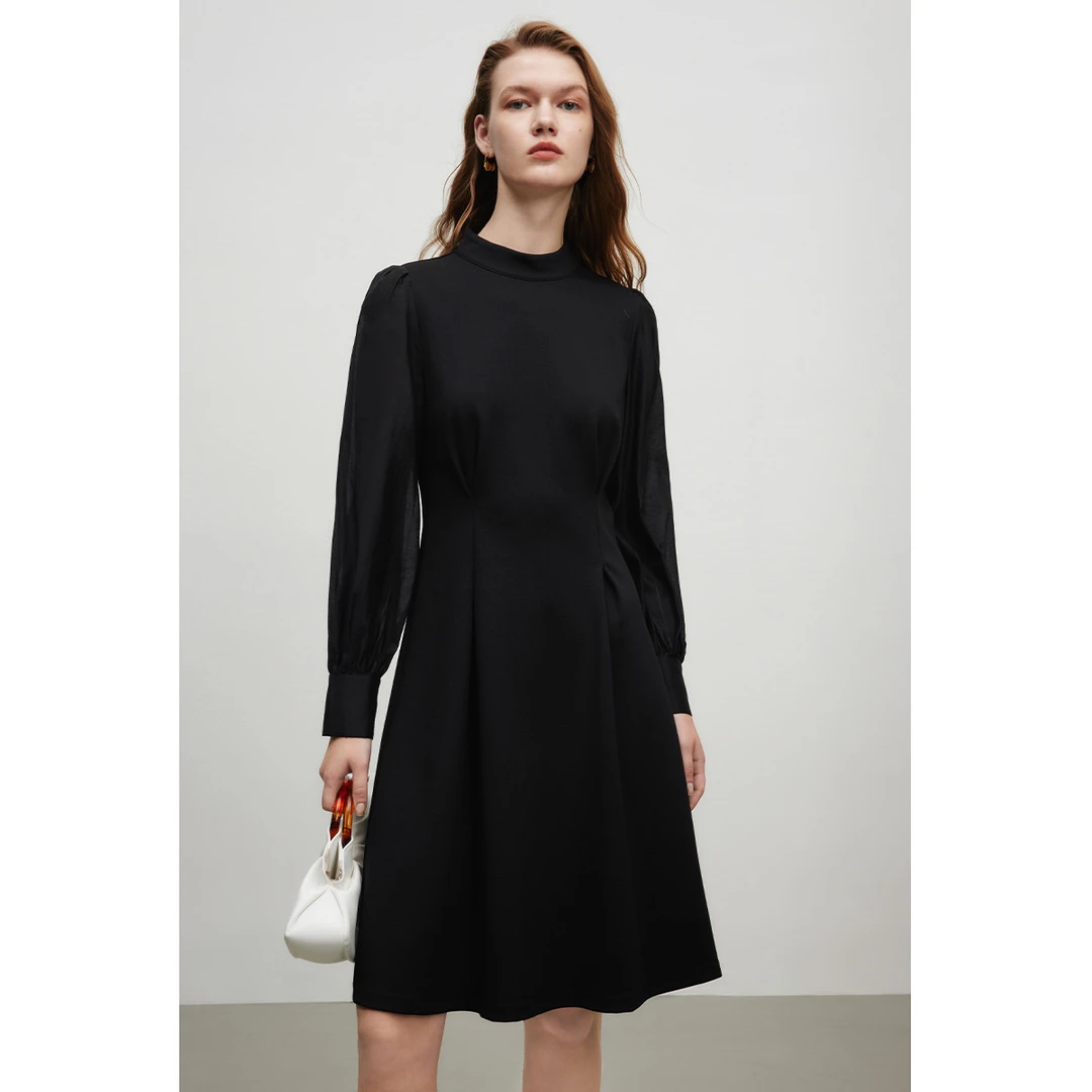 【小余专属】法式半高领连衣裙秋季赫本风时尚显瘦灯笼袖中长裙