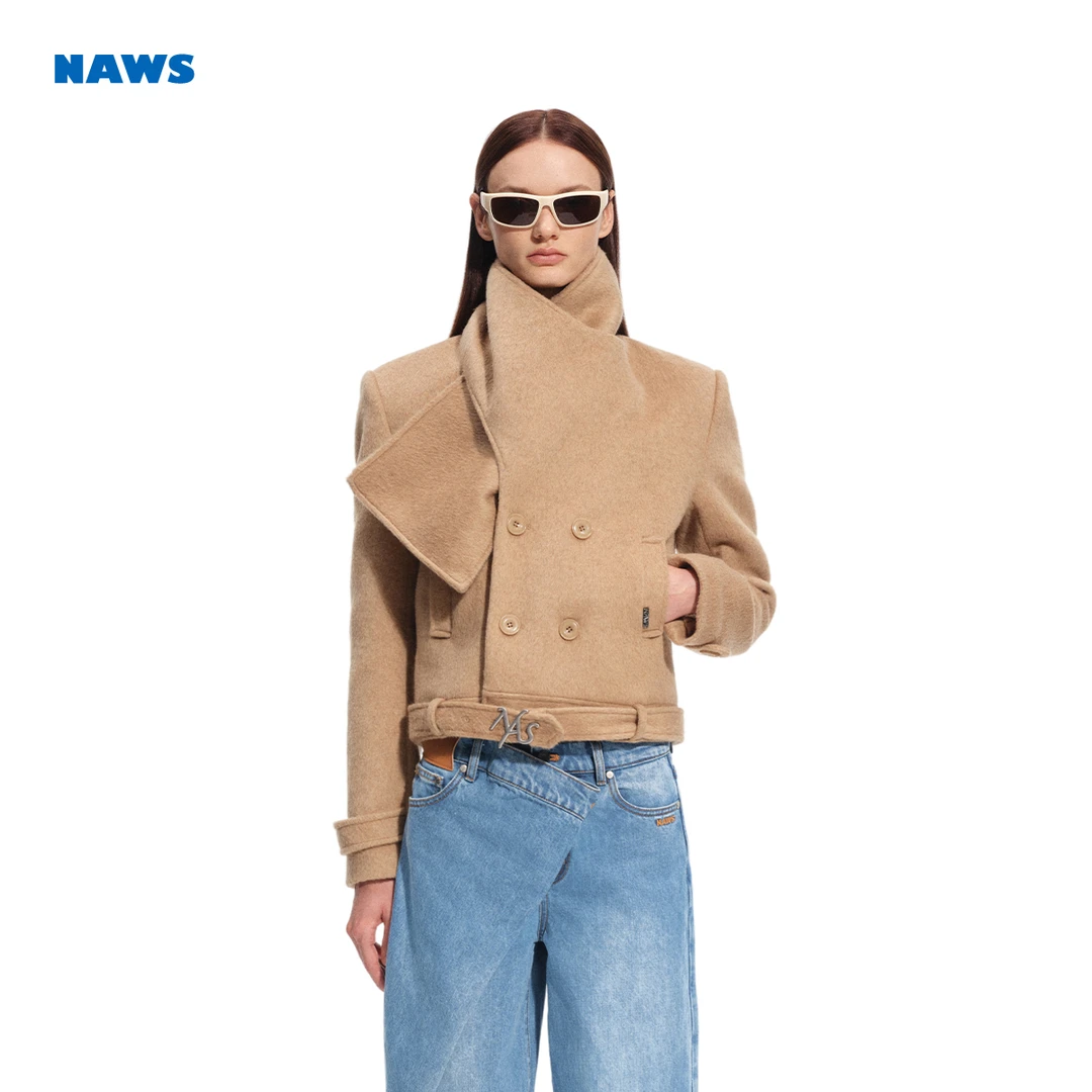 【罗斯披肩棕】NAWS 罗斯披肩毛呢外套绵羊毛短款正肩围巾毛呢外套1