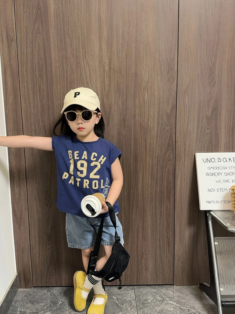 【熙熙TY】韩国童装夏季儿童无袖T恤背心+牛仔裤短裤两件套套装