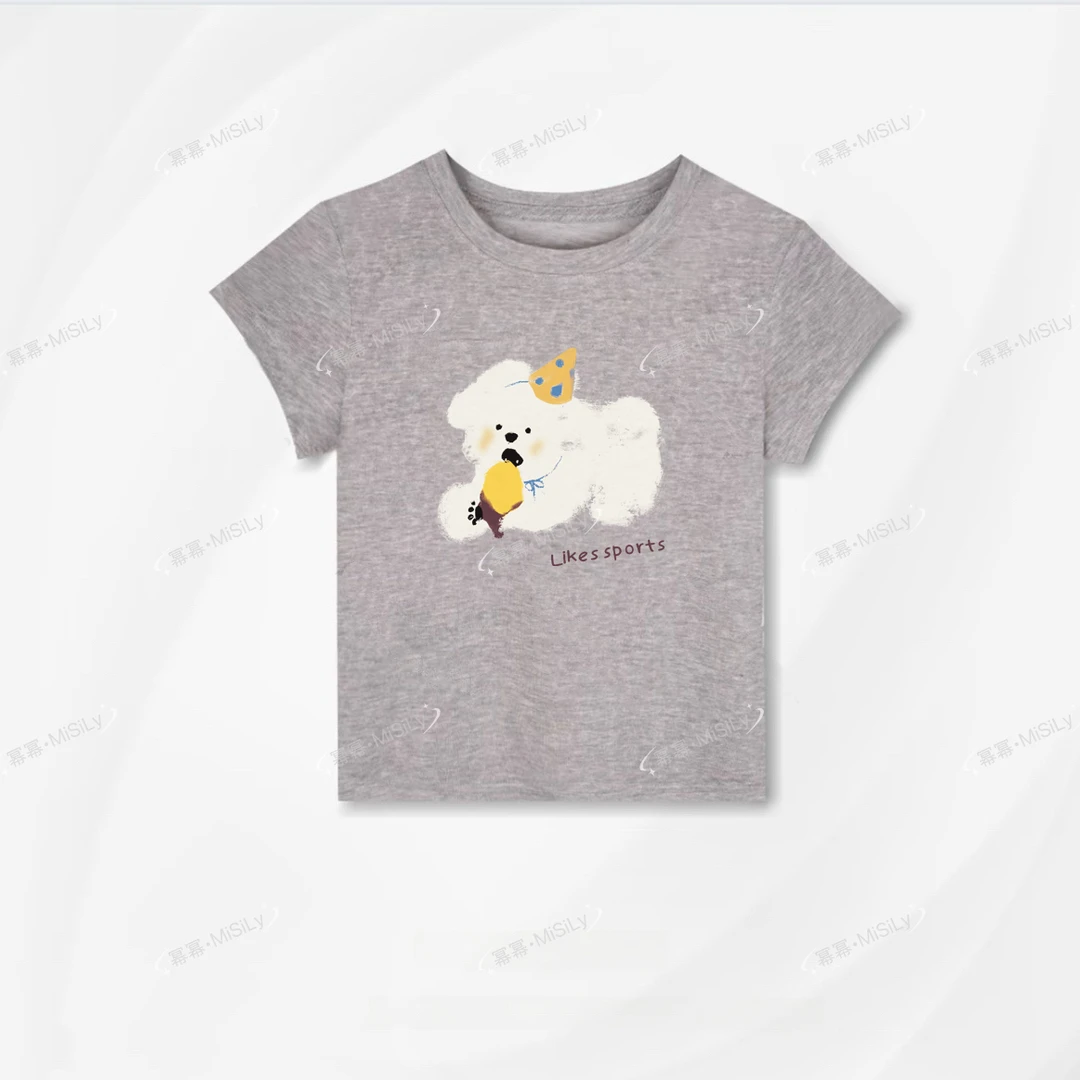 【贪吃小狗】设计感卡通印花莱赛尔轻薄长袖T恤女夏季新款短袖上衣