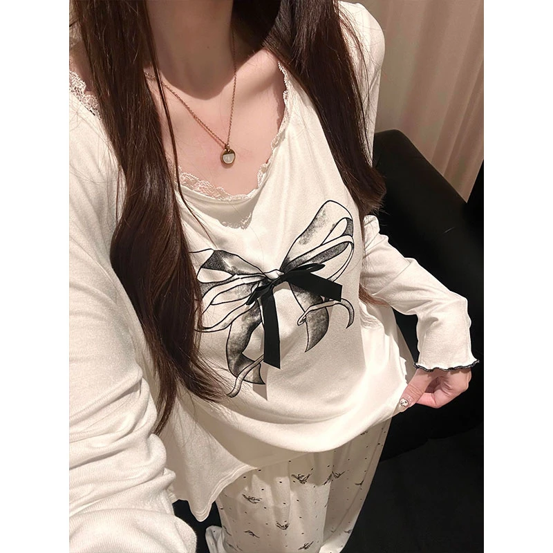 蝴蝶结波点蕾丝边睡衣女春秋薄款莫代尔长袖长裤套装可外穿家居服