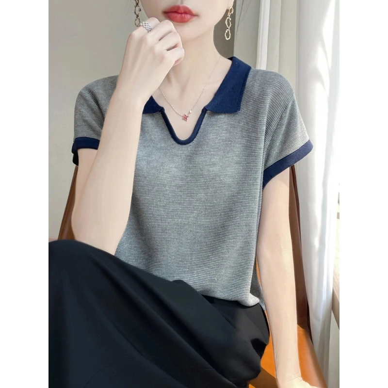 夏季新款polo剪刀领拼色短袖时尚百搭设计感v领薄款翻领小众半袖
