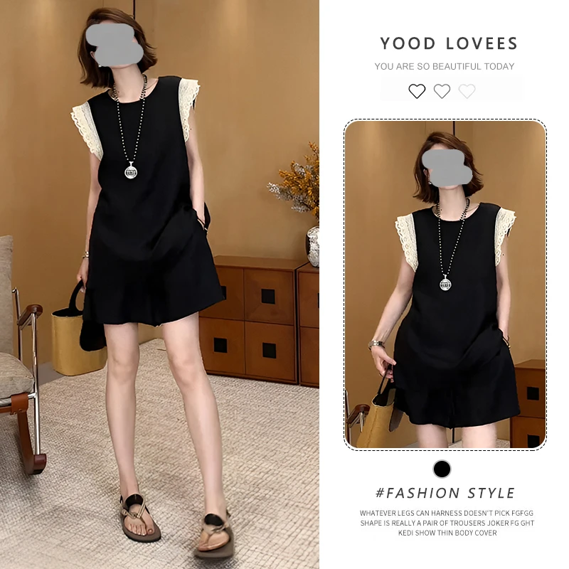 夏季时尚套装女2025新款韩系洋气时尚通勤蕾丝拼接背心短裤套装女