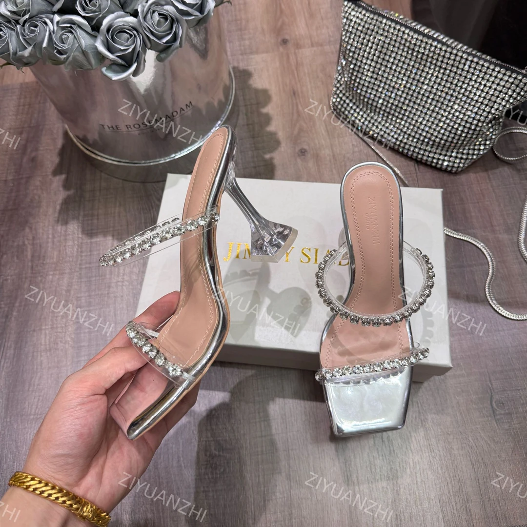 【柒七匠心】透明水钻一字带凉鞋2025新款高跟鞋水晶银色外穿拖鞋女