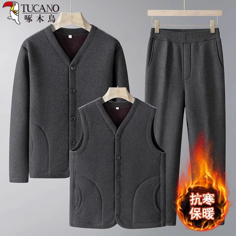 啄木鸟爸爸冬季加绒加厚棉衣男中老年人马甲开衫外套保暖三件套装