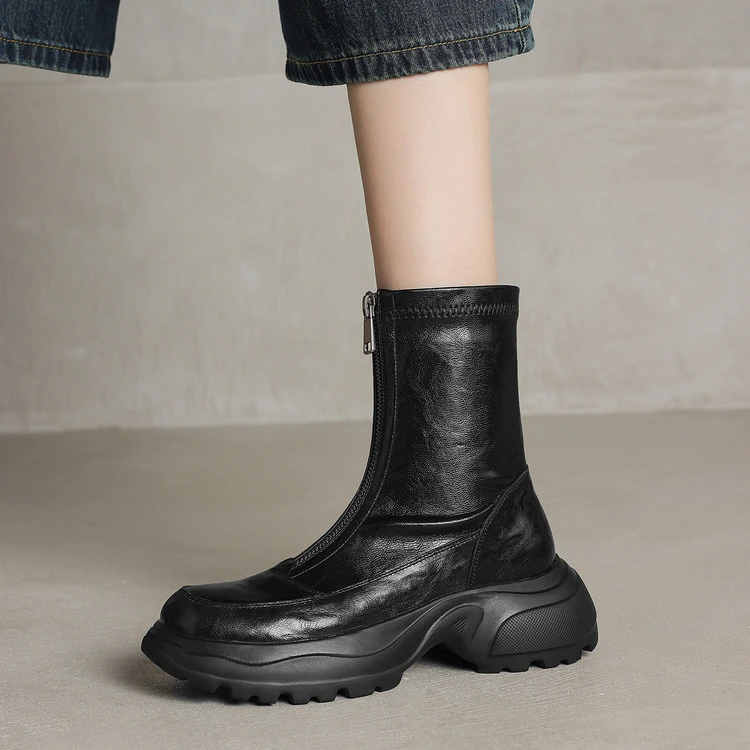 英伦风厚底弹力短靴女秋冬加绒2025新款真皮羊皮瘦瘦靴软底马丁靴