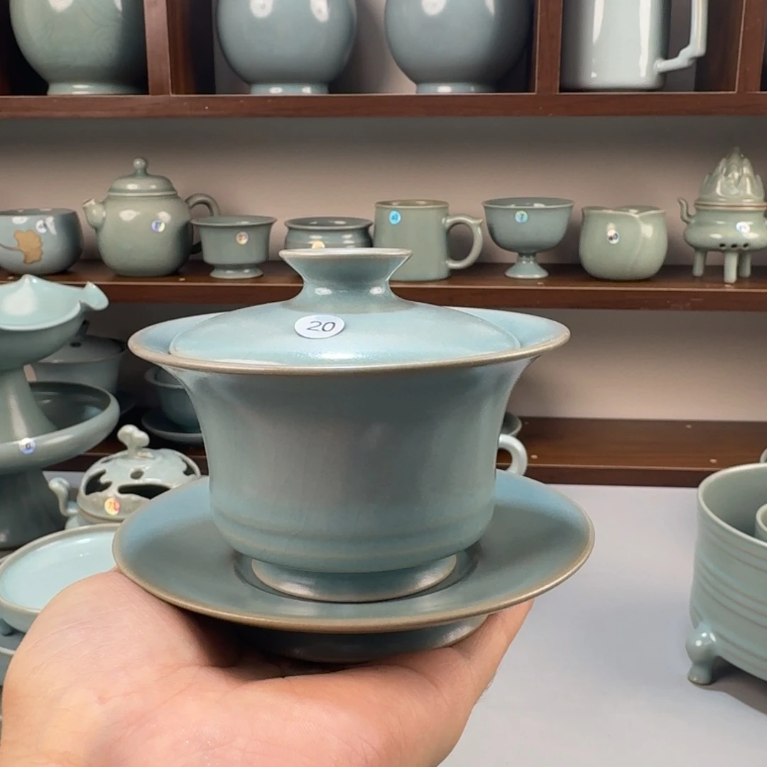 摆件汝窑仿古釉三才马蹄盖碗编号20号