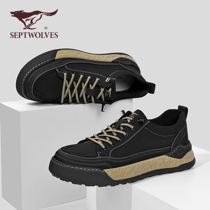 七匹狼正品男鞋秋季透气运动休闲鞋男士时尚百搭黑色鞋子厚底板鞋