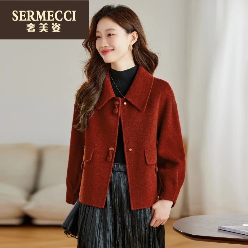 毛呢外套女2025秋冬新款小个子红色时尚高级感短款双面加厚大衣